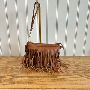 Misty Vegan Leather Crossbody Bag with Fringe Details.  Color cognac. 9X6